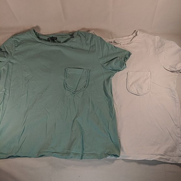 2 Zara T-Shirts Tops White Teal Blue Mint Green Pocket Detail Women's M Medium - Picture 1 of 16